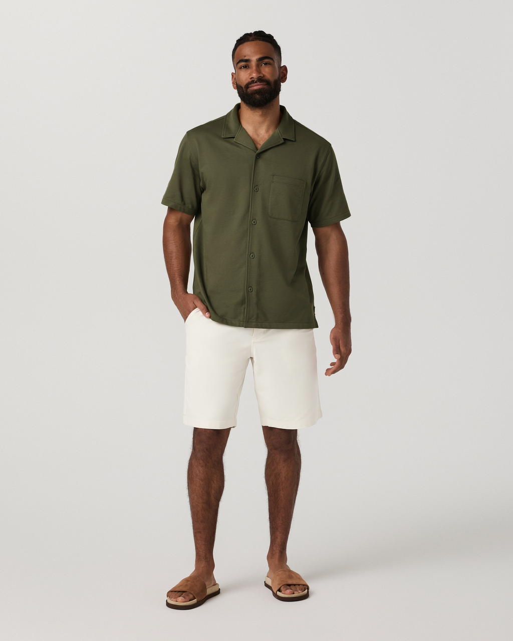 Short Sleeve Knit Oxford Camp Collar Button Down | Herb