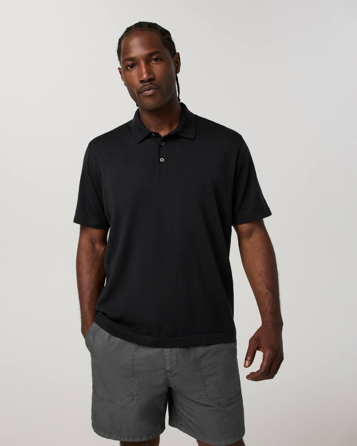 Short Sleeve Merino Wool Sweater Polo | Black