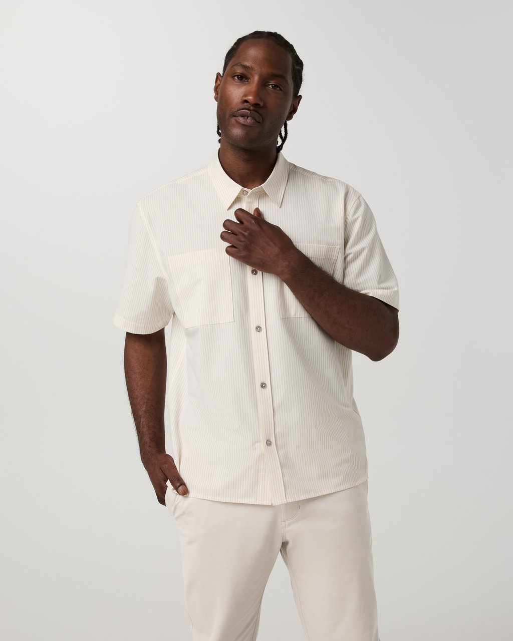 Short Sleeve Bridge Button Down - Relaxed Fit | Natural Pinstripe