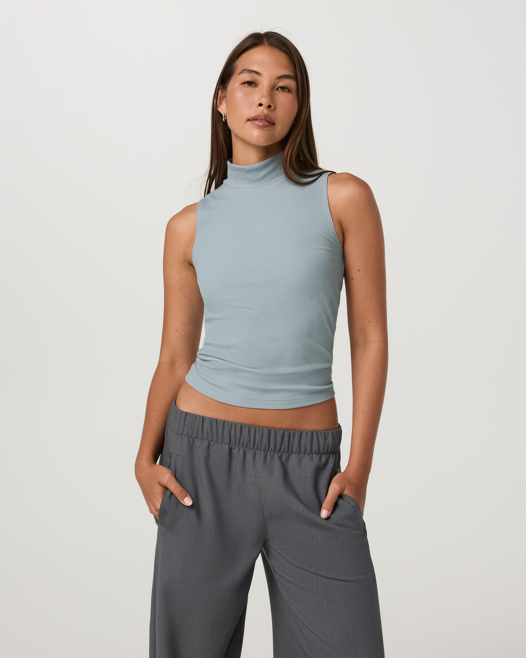 Cottony Rib Mock Neck Tank | Raindrop