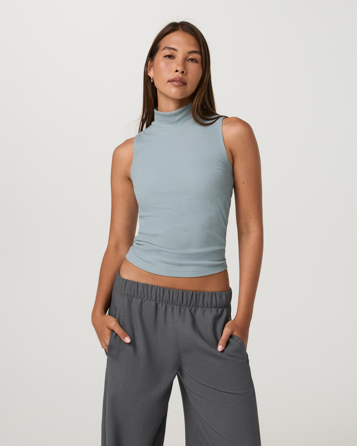 Cottony Rib Mock Neck Tank | Raindrop